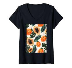 Damen Muster Kunst Papaya Vintage T-Shirt mit V-Ausschnitt von Vintage Fruit Pattern Graphics (Papaya)