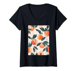 Damen Vintage Muster Kunst Pfirsichfrucht T-Shirt mit V-Ausschnitt von Vintage Fruit Pattern Graphics (Peach)