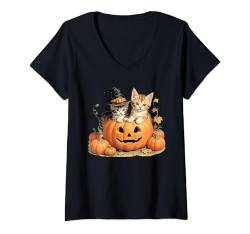 Damen Vintage Halloween Katze Kürbis Patch Cute Cats Retro Art Fall T-Shirt mit V-Ausschnitt von Vintage Halloween Cats Store