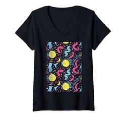 Damen Retro 80er Jahre Stil Muster Kunst Vintage T-Shirt mit V-Ausschnitt von Vintage Minimalist Pattern Graphics