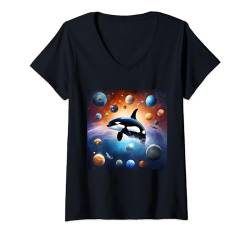 Damen Orcas Whale Ocean Animals Funny Outer Space Planets Lover T-Shirt mit V-Ausschnitt von Vintage Ocean animal Lovers by GnineZa