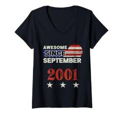 Damen Fantastisch seit 2001, Vintage-Klassiker mit US-Flagge, September 2001 T-Shirt mit V-Ausschnitt von Vintage USA Flag Classic American Flag Birthday