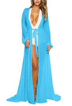 Viottiset Damen Maxi Strandkleid Bikini Cover Up Lange Ärmel Sommer Badeanzug Bademode Strickjacke Ferien Sarongs Hellblau 2XL von Viottiset