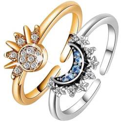 Visxcnu Sonne Mond Ring Gold Silber Set Sonne Mond Ring Verstellbar Gold Damen Ringe Silber 925,Matching Rings Freundschaftsringe Sonne und Mond Ring,Sun and Moon Ring Schmuck Dupes Ringe für Paar von Visxcnu