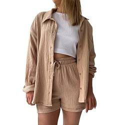 Viunychn Musselin Bluse Damen Zweiteiler Sommer Outfits Elegant Bluse Hemd und Shorts Clothes 2 Teiler Set Aesthetic Zweiteiler Loungewear Set Set Y2k Top + Shorts Clothes Strand Outfit von Viunychn