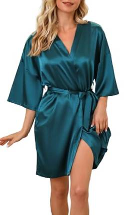 Vlazom Damen Bademantel Satin Kurz Kimono Robe V-Ausschnitt 3/4 Ärmeln Sexy für Frauen Nachtwäsche mit Gürtel und Taschen(S,Stil C-Dunkelgrün) von Vlazom