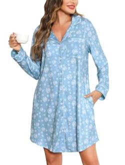 Vlazom Damen Nachthemd Langearm V-Ausschnitt mit Knöpfe Weich Umstandskleid Stillnachthemd Sleepshirt Nachthemd Freizeitkleid（S，Stil A-Blaue Schneeflocke） von Vlazom