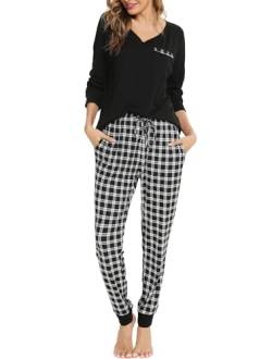 Vlazom Damen Schlafanzug Lang Zweiteiliger Schlafanzug winter Pyjama Set V-Ausschnitt Langarm Pyjama Set(L,Schwarz) von Vlazom