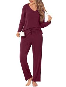 Vlazom Damen Schlafanzug Lange Ärmel Pyjama Set Nachtwäsche Zweiteiliger V Aussschnitt Sleepwear mit Kordelzug（XXL，Weinrot） von Vlazom