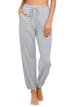 Vlazom Damen Schlafanzughose Lang Baumwolle Gestreifte Weich Pyjamahose Freizeithose Jogginghose Sporthose（XXL，Grau） von Vlazom