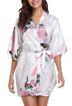 Vlazom Kimono Satin Robe Morgenmantel Kurz V-Ausschnitt Bademantel mit Gürtel Kimono Robe für Damen(L,Weiß) von Vlazom