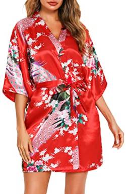 Vlazom Kimono Satin Robe Morgenmantel Kurz V-Ausschnitt Bademantel mit Gürtel Kimono Robe für Damen(M,Wassermelonerot) von Vlazom