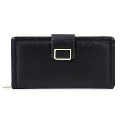 Vllcsla Leder Brieftasche für Damen Medium Bifold Long Portemonnaie mit 10 Kartenfächern und Foto-/ID-Fenster, Damen PU Leder Lange Geldbörse zum Verschenken (Schwarz) von Vllcsla