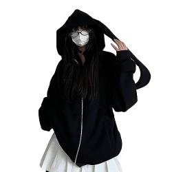 Damen Y2k Clothes Zip up Hoodie - Kawaii Rabbit Ears Cute E-Girl Crop Tops (Black-Long,L,L) von Vocha