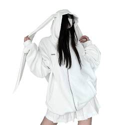 Damen Y2k Clothes Zip up Hoodie - Kawaii Rabbit Ears Cute E-Girl Crop Tops (White-Long,L,L) von Vocha