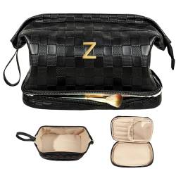 Vogewood Große Make-up-Tasche, personalisierbar, doppellagig, Kosmetiktasche mit Make-up-Pinsel-Organizer, wasserdicht, große Kapazität, PU-Leder, Reise-Kulturbeutel, mit 2 Kulturtaschen mit von Vogewood