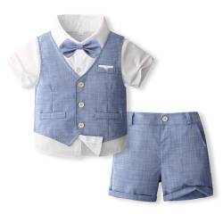 Volunboy Baby Jungen Anzug, Sommer Anzugweste Hemd mit Fliege + Shorts für Festlich Hochzeit Bekleidung Set 4tlgs(2-3 Jahre,Blau,Größe 100) von Volunboy