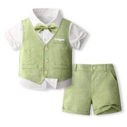 Volunboy Baby Jungen Anzug, Sommer Anzugweste Hemd mit Fliege + Shorts für Festlich Hochzeit Bekleidung Set 4tlgs(3-4 Jahre,Hellgrün,Größe 110) von Volunboy