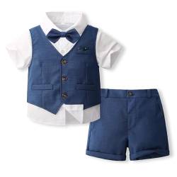 Volunboy Baby Jungen Anzug, Sommer Anzugweste Hemd mit Fliege + Shorts für Festlich Hochzeit Bekleidung Set 4tlgs(3-4 Jahre,Marineblau,Größe 110) von Volunboy