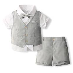 Volunboy Baby Jungen Anzug, Sommer Anzugweste Hemd mit Fliege + Shorts für Festlich Hochzeit Bekleidung Set 4tlgs(4-5 Jahre,Hellgrau,Größe 120) von Volunboy