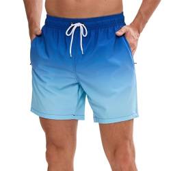 Vorvowry Badeshorts Herren Wasserdicht Schnelltrocknend Schwimmhose, Bequem Verstellbarem Tunnelzug Badehose Männer, Mode Bademode für Herren mit Reißverschlusstasche M Farbverlauf Blau von Vorvowry