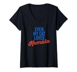 Damen Sogar meine Katze liebt Kamala für die Präsidentschaftswahl Harris Walz 2024 T-Shirt mit V-Ausschnitt von Vote Harris Walz for President 2024 Election Rally