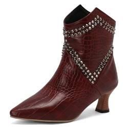 Voviggiw Damen Nieten Knöchel Stiefel Kitten Heel Back Reißverschlussper Stiefeletten Gemütlich Pointed Toe Stiefelettens Casual Claret Große 48 von Voviggiw