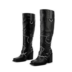 Voviggiw Damen Plateau-Stiefel mit breiter Wade, kniehoch, klobiger Absatz, Nieten, Westernstiefel, quadratischer Zehenbereich und seitlicher Reißverschluss, Motorradstiefel mit Kette, Schwarz, 38 EU von Voviggiw