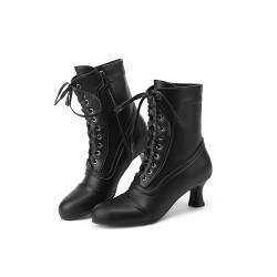 Voviggiw Damen Viktorianische Stiefel Schnüren Knöchel Stiefel Runde Zehen Kitten Heel vintage Stiefelettens Side Reißverschlussper Black Große 40 von Voviggiw