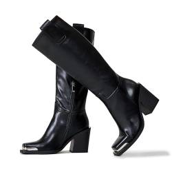 Voviggiw Damen Wide Calf Kniehoch Stiefel Chunky Heel Western Stiefel Square Metal Toe and Side Reißverschlussper Cowboy Stiefel Mode Kleid Stiefel Black Große 9 von Voviggiw