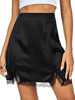 Vrtige Damen Satin Spitzenbesatz Hohe Taille Split Hem Bodycon Mini Kurzer Rock, Schwarz, Groß von Vrtige