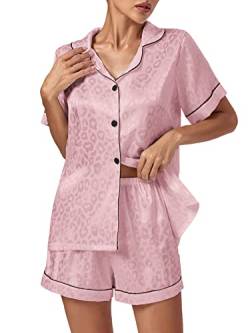 Vrtige Damen-Schlafanzug aus Seide, Satin, Leopardenmuster, Knopfleiste, kurze Ärmel und Shorts, Pyjama-Sets, rosa - dusty pink, M von Vrtige