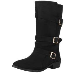 Vrupons Lässige Damen Slip-on-Stiefel mit mittlerer Wade mit flachen Absätzen und Riemchenbüschen (Schwarz,51) von Vrupons