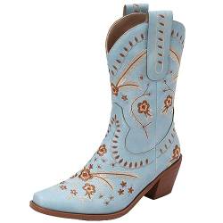 Vrupons Western-Cowboy-Stiefeletten für Damen mit klobigen Absätzen und spitzer Spitze (Blau,40) von Vrupons