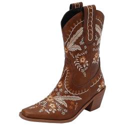 Vrupons Western-Cowboy-Stiefeletten für Damen mit klobigen Absätzen und spitzer Spitze (Braun,36) von Vrupons