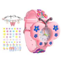 Kinderuhr Mädchen Kinder Armbanduhr Kinder Uhren für Mädchen Quarz Cute 3D Schmetterling Cartoon Mädchenuhr Silikon Stilvolle Uhrenarmband Kinderuhr für Mädchen 3-10 Jahre Mit Nagelaufkleber, Armband von Vspek