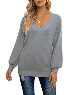 Vthereal Damen Pullover Oversized V Ausschnitt Tops Strickpullover Casual Oberteil Pulli Frauen Sweatshirt für Winter,Grau,L von Vthereal