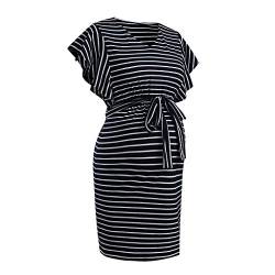 Vuncio Umstandskleid Damen Streifen Casual Sommer Große Größe Lässiges Kurzarm Stillkleid Umstandskleid Stillkleid Maxikleid 3/4 Ärmel mit Gürtel (Navy, XXL) von Vuncio