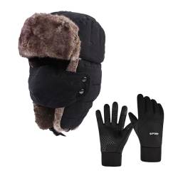 Vxcbad 1 Ushanka Wintermütze Herren Ushanka Mütze Mit Ohrenklappen und Katzenstickerei Wintermaske Mütze (L 58-60cm) + 1 Paar Warme Motorradhandschuhe mit Touchscreen Wasserdicht Anti-Rutsch Schwarz von Vxcbad