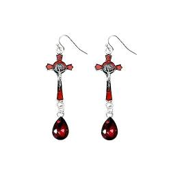 W WEILIRIAN Gothic Kreuz baumeln Ohrringe rote Teardrop baumelnde Ohrringe rote Kristall ohrringe Kreuz haken Ohrringe Cosplay Halloween Ohrringe Schmuck für Frauen und Mädchen Geschenke von W WEILIRIAN