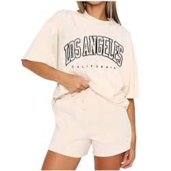 Outfit Damen Set Festlich, Oversize Shirt Damen Sommer Outfits Los Angeles Briefdruck T-Shirt + Shorts 2 Teiler Lounge Set Aesthetic Clothes Elegant Kurzarm Bluse und Shorts Two Piece Set for Women von WANGTIANXUE