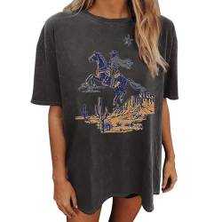 Oversize Shirt Damen Rodeo Bedruckte Tshirt Oversized Graphic Tee Tops Teenager Mädchen Mode Y2K T-Shirt Vintage Casual Oberteile Sommer Locker Blusen Tuniken Kurzarm Basic Longshirt Baumwolle Shirt von WANGTIANXUE