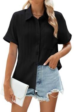 WANGZHI Bluse Damen Kurze Ärmel dunkelblaue Bluse schwarz Damen Collared Button Down Hemden leinenbluse Damen Sommer Dunkelblau L von WANGZHI