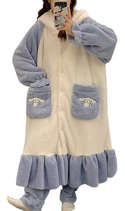 WANHONGYUE My Melody Plüsch Bademantel mit Kapuze Damen Long Fluffy Bathrobe Dressing Gown Flanell Pyjama mit Hose Two-Piece Set Winter Warm Soft Sleepwear Leisure Suit Blau L von WANHONGYUE