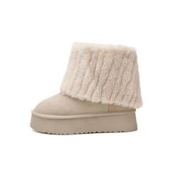 Women's Classic Ultra Mini Ankle Boot, Womens Ankle Boots Faux Fur Platform, Comfortable Warm Suede Leather Winter Fuzzy Ankle Boots, Fuzzy Mid Calf Snow Boots, Anti-slip Sole (Beige,37) von WANWEN