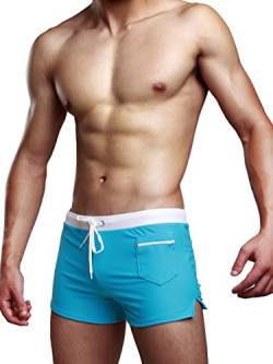 WANYING Herren Wassersport Schwimmen Trunks Tiefer Bund Badeshorts Badehosen mit Reißverschluss Taschen Schnelltrocknend - Blau Größe L von WANYING