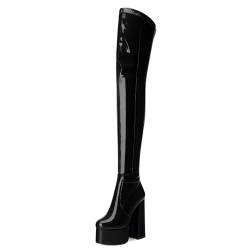 WAYDERNS Overknee-Stiefel für Damen, Lackleder, Plateau, Block, hoher Absatz, runder Zehenbereich, 15,2 cm, seitlicher Reißverschluss, lange Stiefel, sexy für Dating, Party, Abend, Herbst, Schwarz, 38 von WAYDERNS