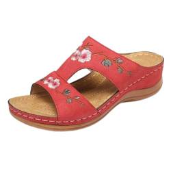 Orthopädische Sandalen Damen Peep Toe Sandalette Boho Strand Sommerschuhe Blumen Sandalen Casual Keilabsatz Sandalen Strandsandalen(Red,37 EU) von WDCAYQHZ