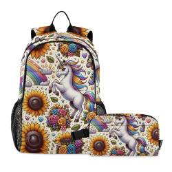 WDdZzyy Rucksack und Lunchbox für Jungen, niedliche Sonnenblumen-Einhörner, Regenbogen-Schultasche mit Lunchtasche, Büchertaschen mit Lunchbox für Jungen von 7–10 Jahren, Niedliche von WDdZzyy