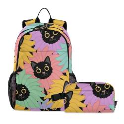 WDdZzyy Rucksack und Lunchtaschen-Set für Teenager, Mädchen, schwarz, lustige Sonnenblumenkatze, Schultasche mit Lunchtasche, Jungen, Schultaschen 7–10, Schwarze lustige Sonnenblumenkatze, 1 size von WDdZzyy